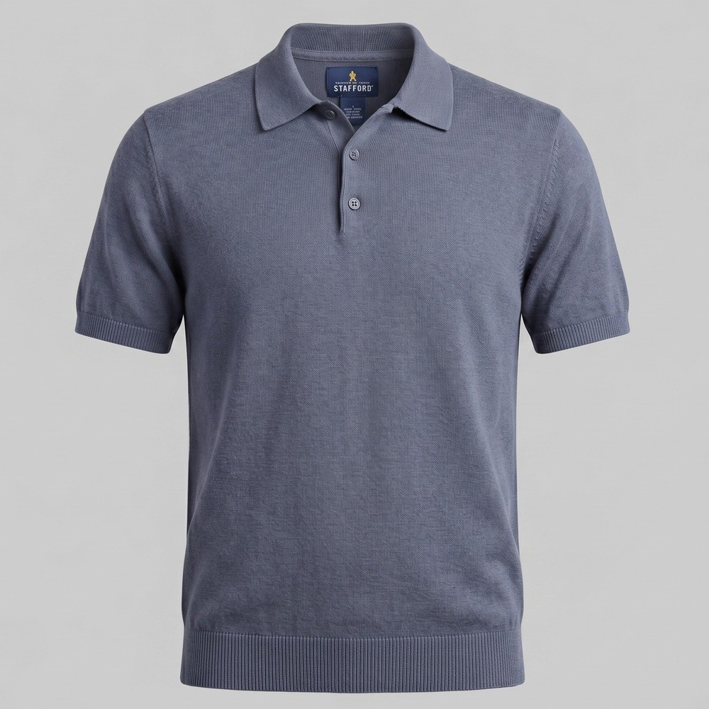 Stafford Mens Large Blue Polo Shirt Tailored Culture Silk Blend Knit Solid